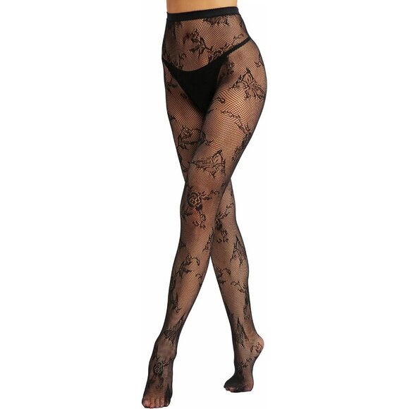 Accessories - Women's Black Fishnet Tights with Floral Pattern Elegant and Comfortable